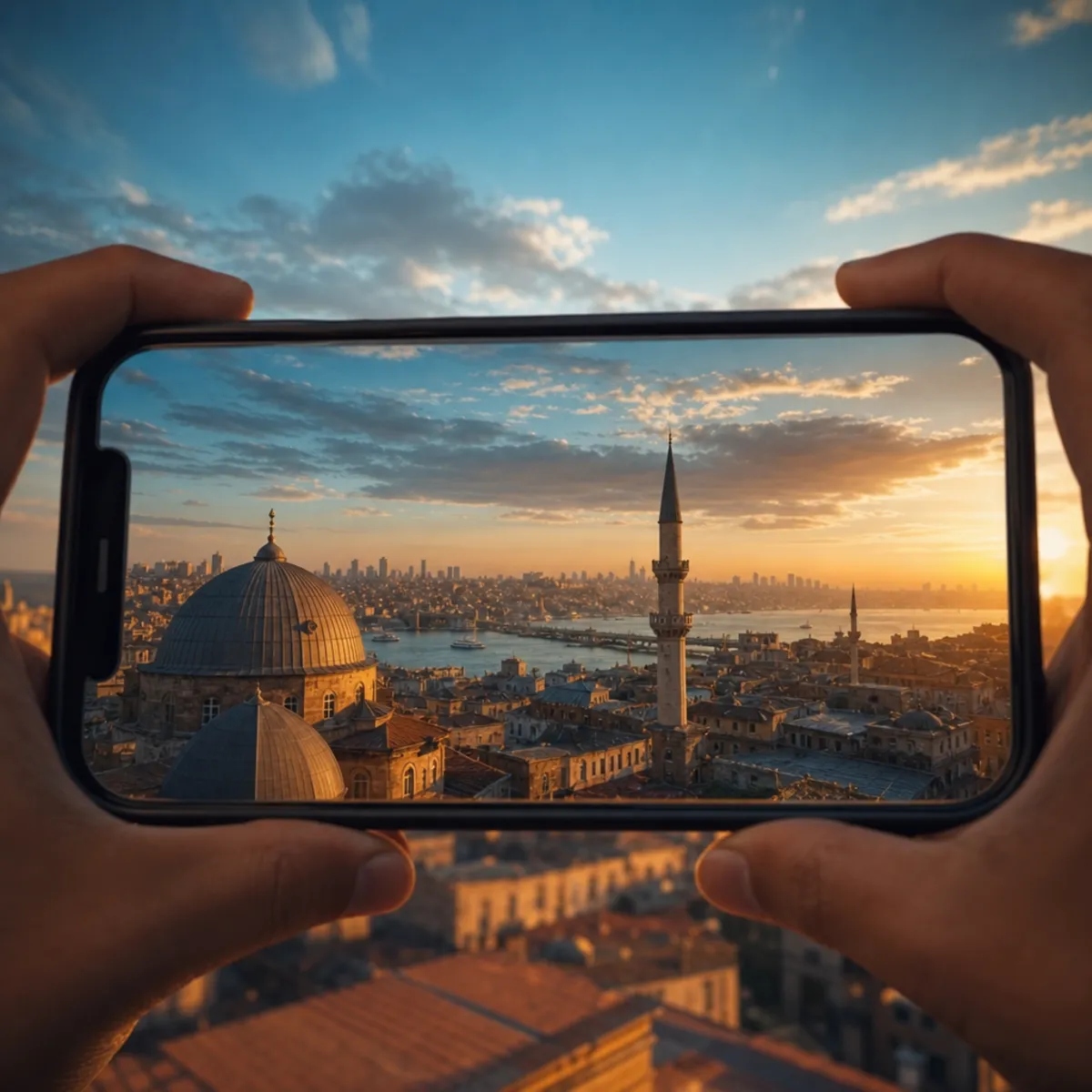 Illustration of hands holding a phone overlooking a waterfront city at sunset.